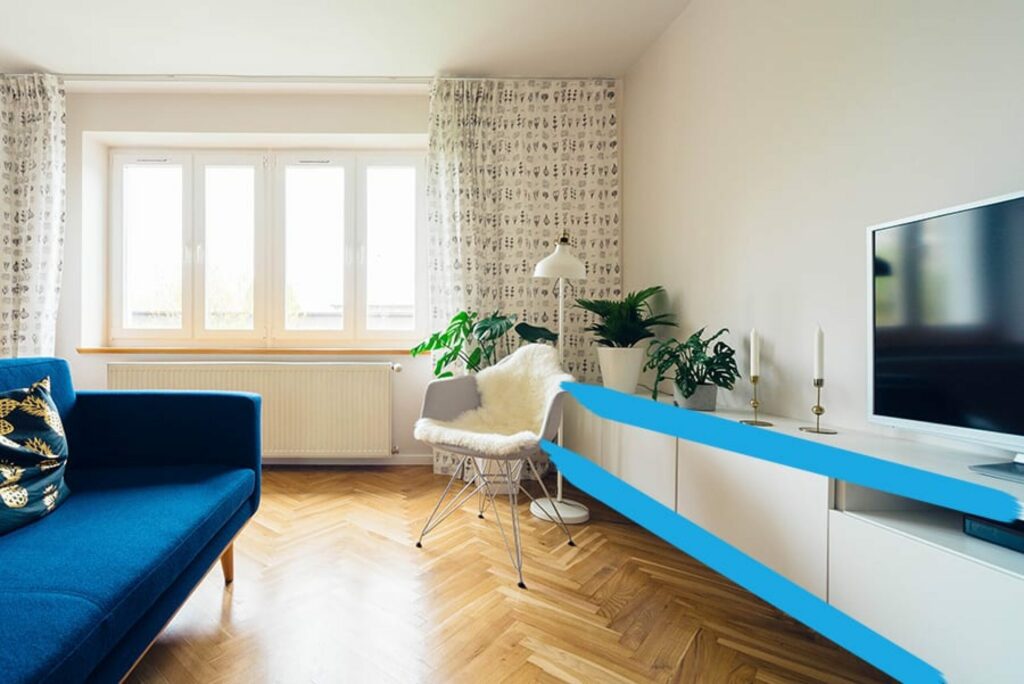 Wide angle shot of an apartment living room