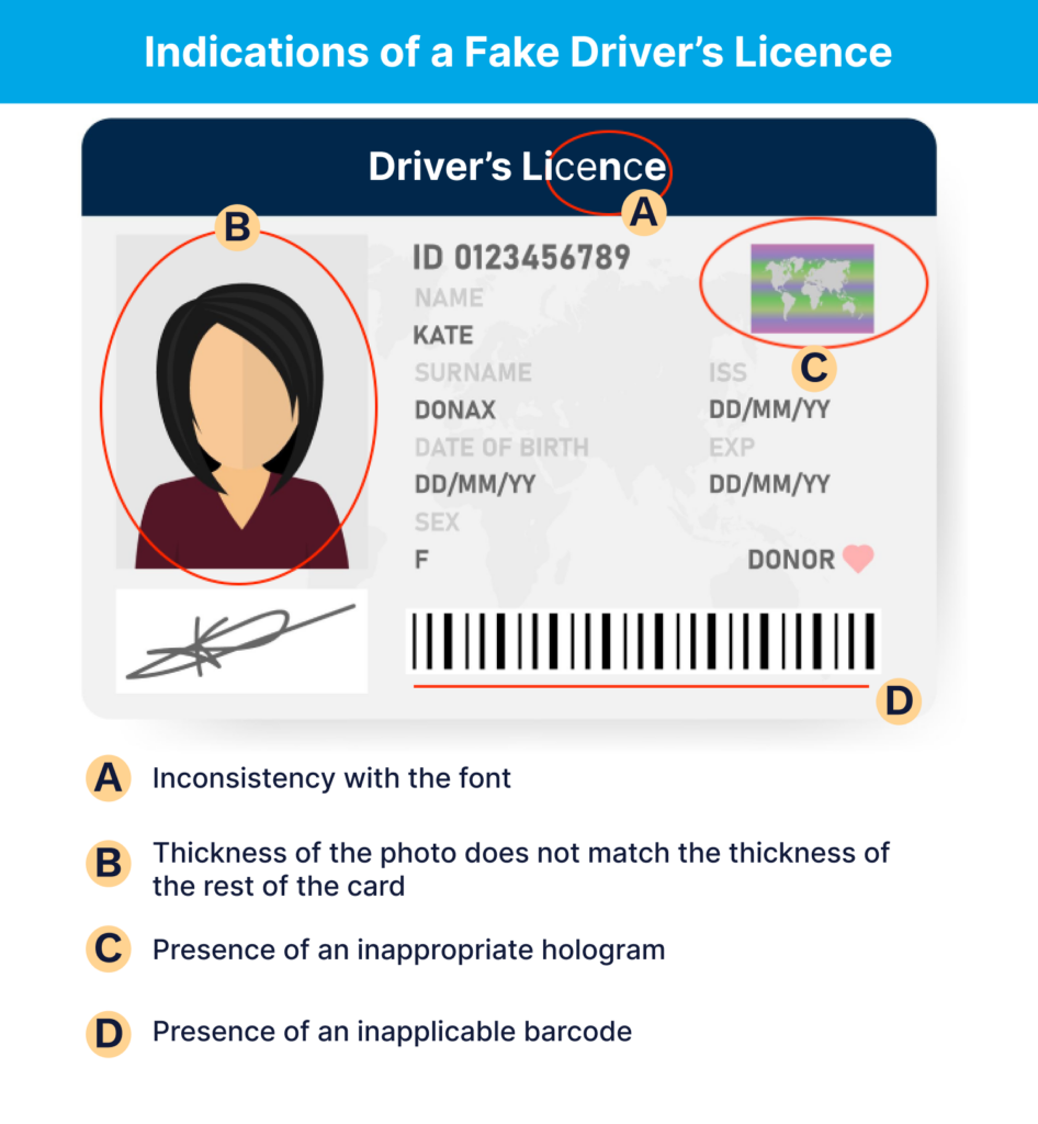 An illustrated, fake driver's licence with circles indicating where the licence has been doctored.