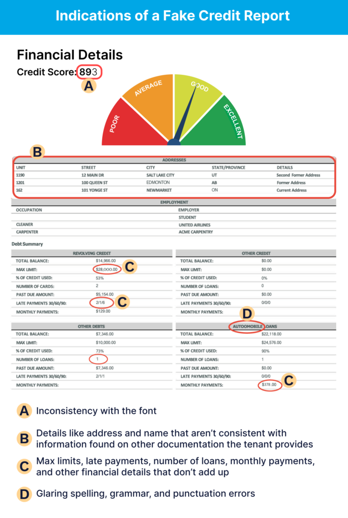 A fake credit report withc circles and letters to show how this is part of a fake rental application.