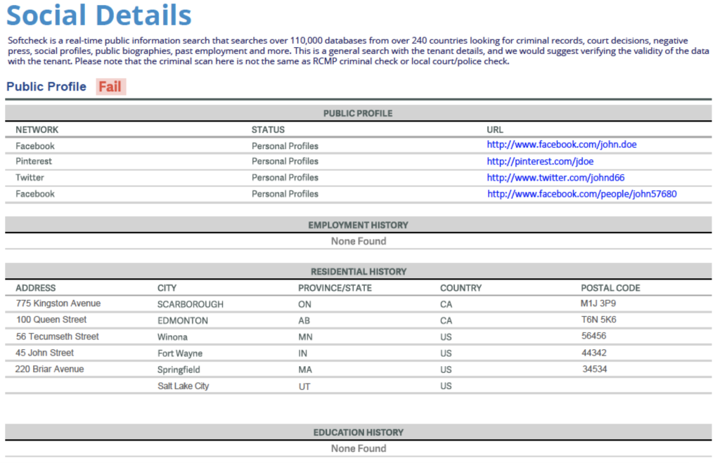 Example of social details in a tenant background report
