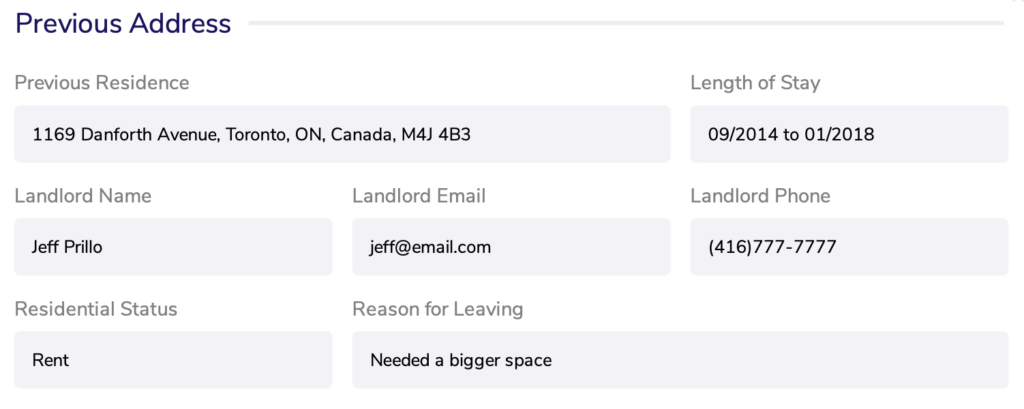 Example of the previous address information found in a tenant background report