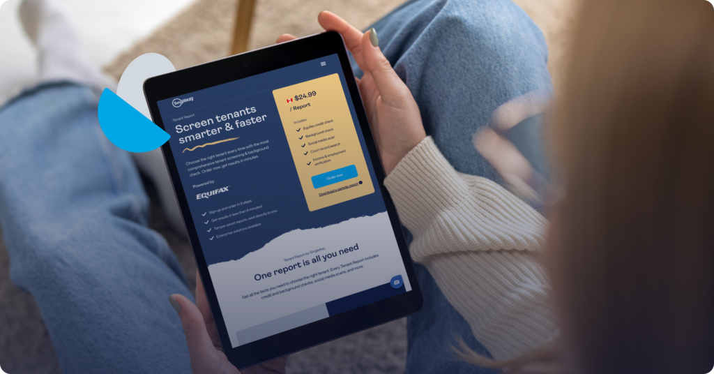 A person on a tablet using SingleKey's tenant screening service