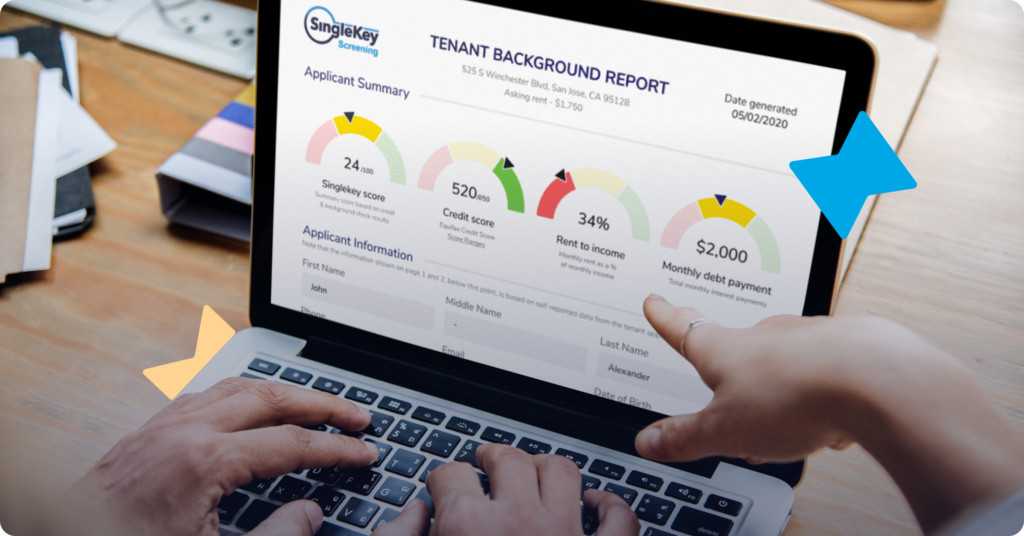 A laptop screen displaying SingleKey's Tenant Report as part of a tenant screening service.
