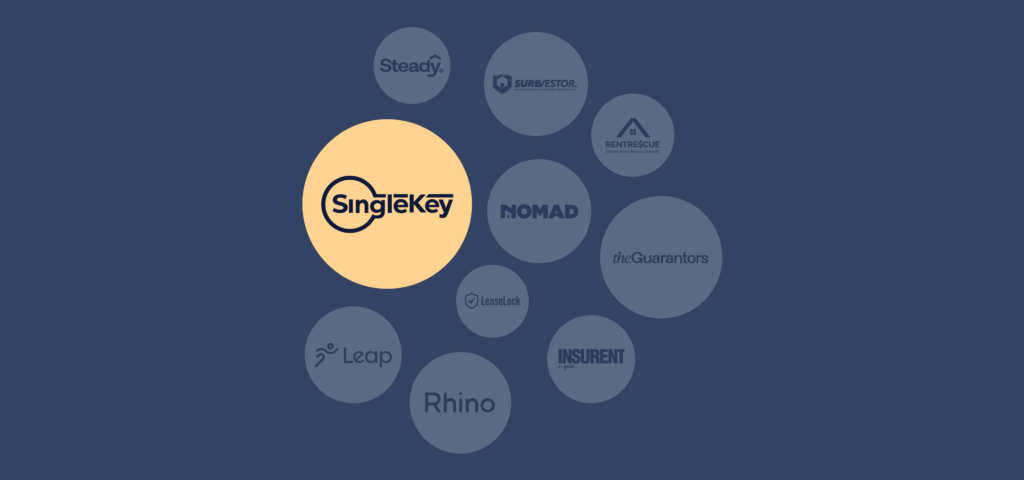 Logos of rent guarantee program providers in the U.S. including SingleKey