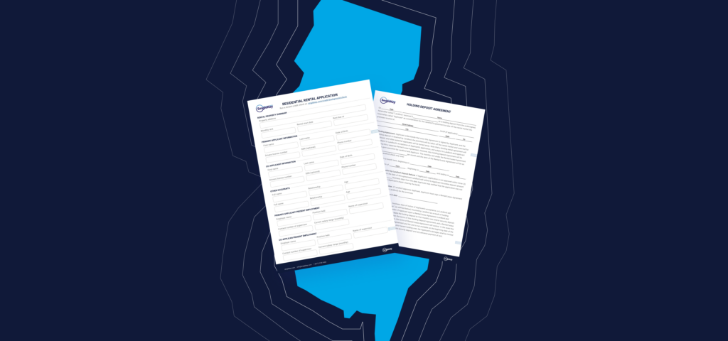 An outline of the state of New Jersey with rental agreements for landlords