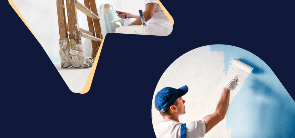A painter applies white paint to a blue wall in one scene. There is a close-up of the bottom of a ladder and a person painting a wall in another scene.