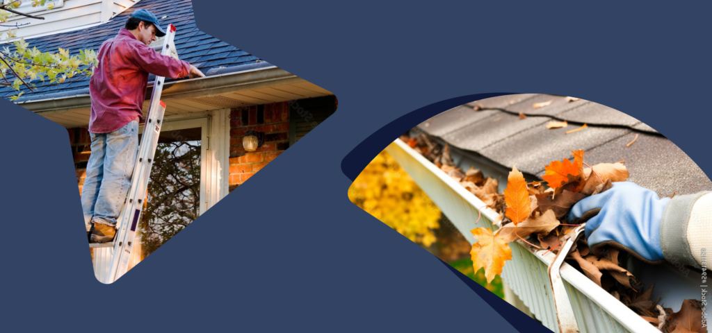 A person on a ladder examining the gutter of a home and a close-up of someone removing leaves from a gutter
