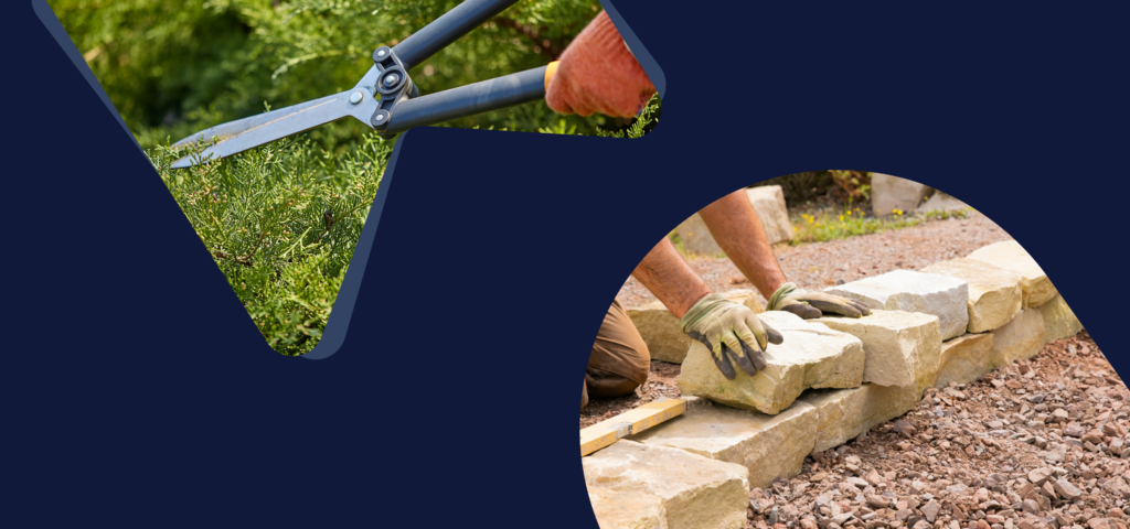 A landscaper holding a pair of garden shears and laying stones on the ground