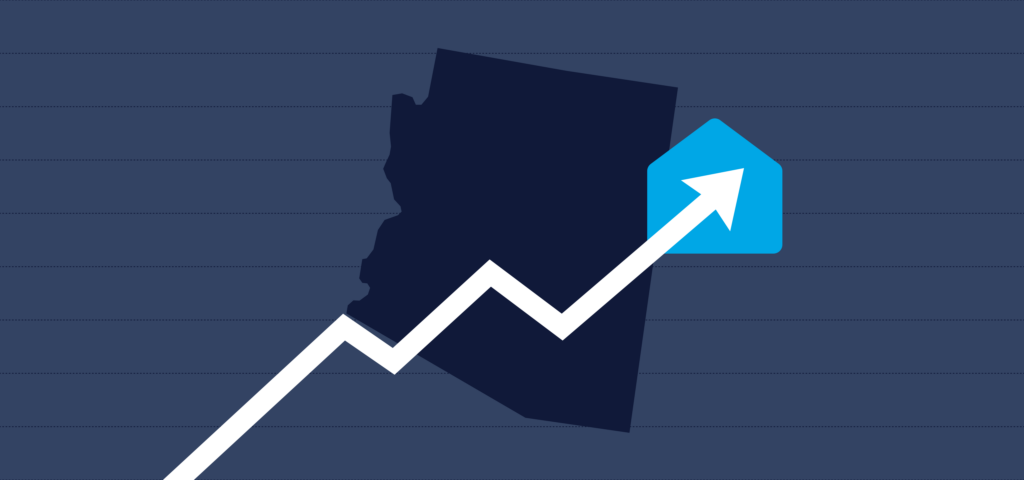 An arrow trending up against the background of an outline of the state of Arizona