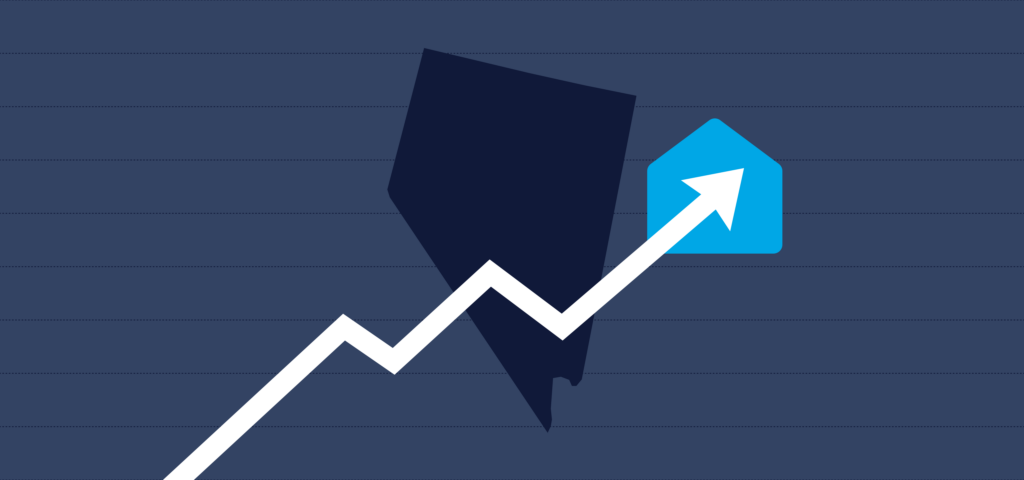 An arrow trending up against the background of an outline of the state of Nevada