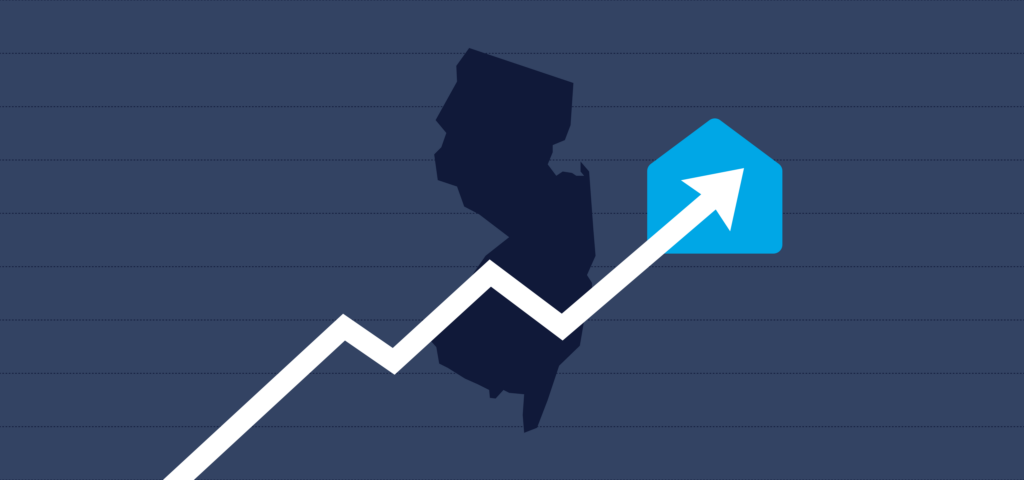 An arrow trending up against the background of an outline of the state of New Jersey