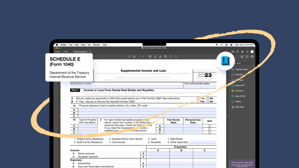 A computer screen displaying the top part of a Schedule E form