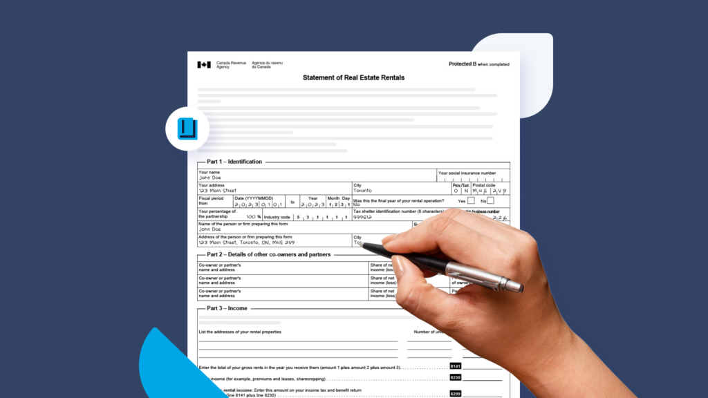 A close-up of a hand holding a pen writing on a Statement of Real Estate Rentals T776 form for reporting rental income to the Canada Revenue Agency