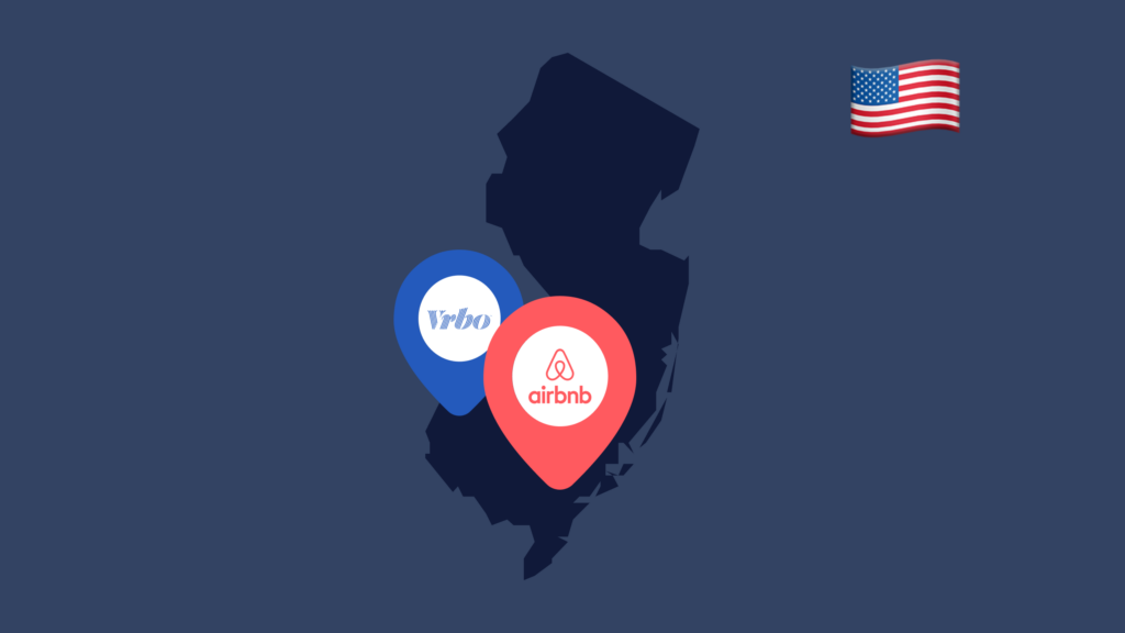 An outline of the state of New Jersey with VRBO and Airbnb location pins on it to show short-term rentals in the state.