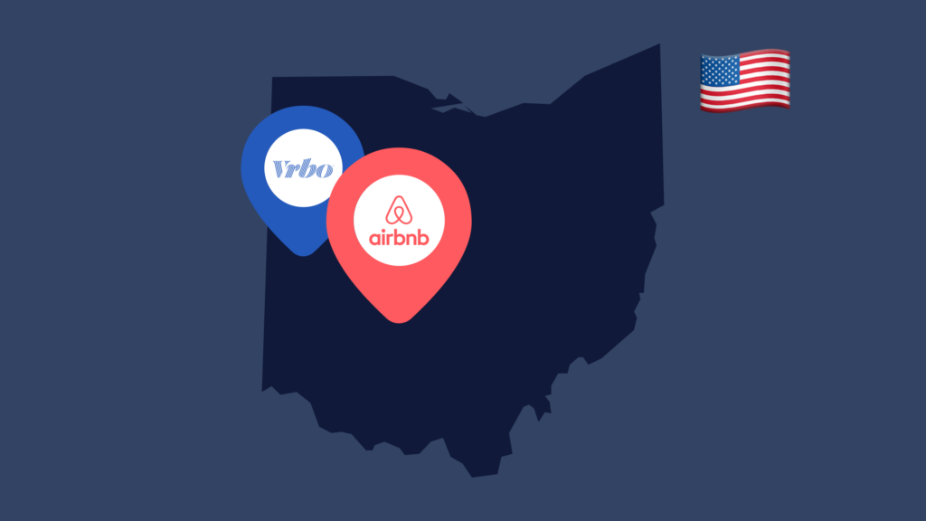 An outline of the state of Ohio with VRBO and Airbnb location pins on it to show short-term rentals in the state.
