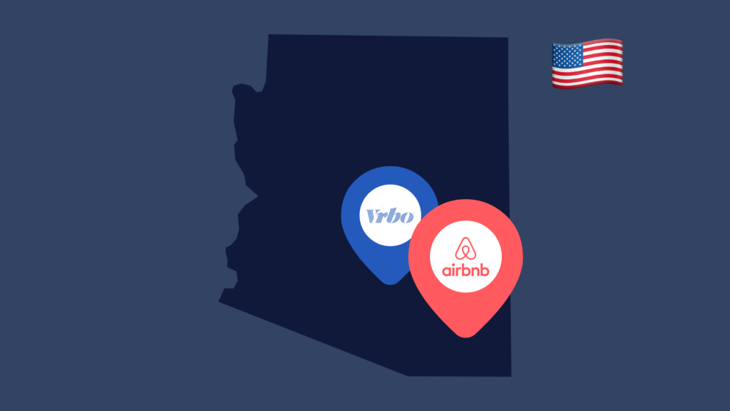 An outline of the state of Arizona with VRBO and Airbnb location pins on it to show short-term rentals in the state.