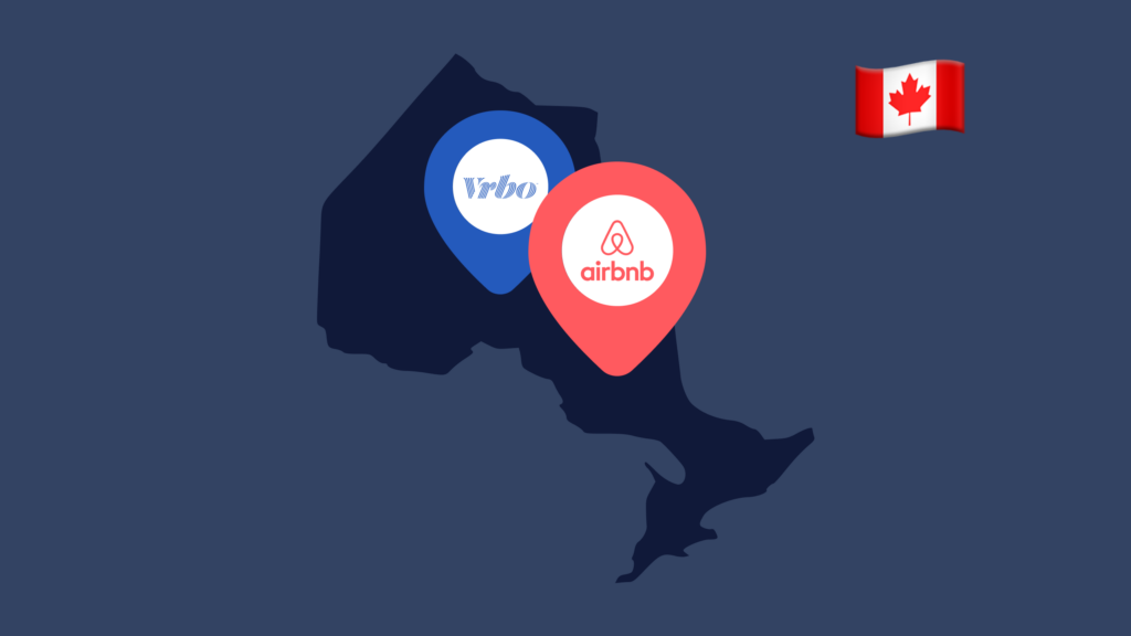 An outline of the province of Ontario with VRBO and Airbnb location pins on it to show short-term rentals in the state.