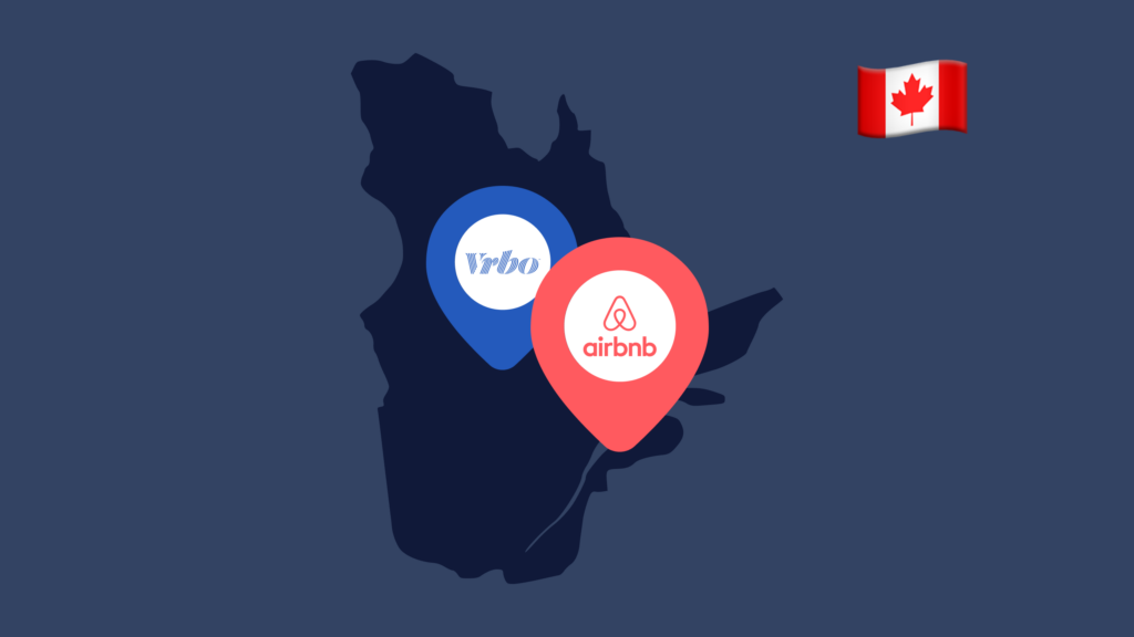An outline of the province of Quebec with VRBO and Airbnb location pins on it to show short-term rentals in the state.