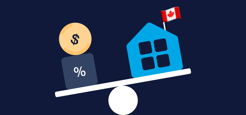 An illustrated house with a Canadian flag on top of it is balanced on one side of a seesaw, while the other side is weighed down by an icon with a dollar sign stacked on top of an icon with a percentage sign.
