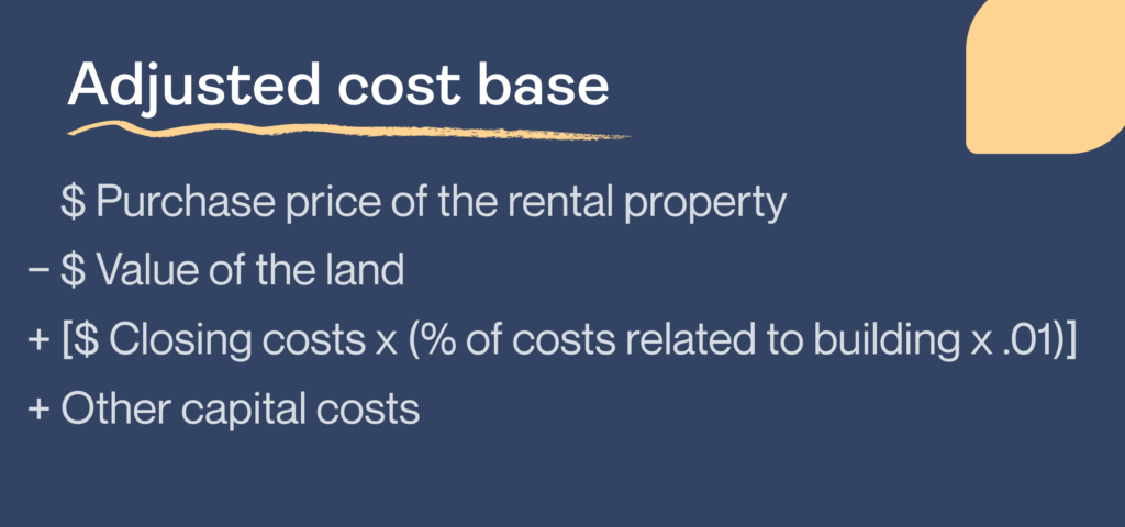 Adjusted cost base is underlined. Under that is an equation with $ Purchase price of the rental property − $ Value of the land +[$ Closing costs x (% of costs related to building x .01)] + Other capital costs.