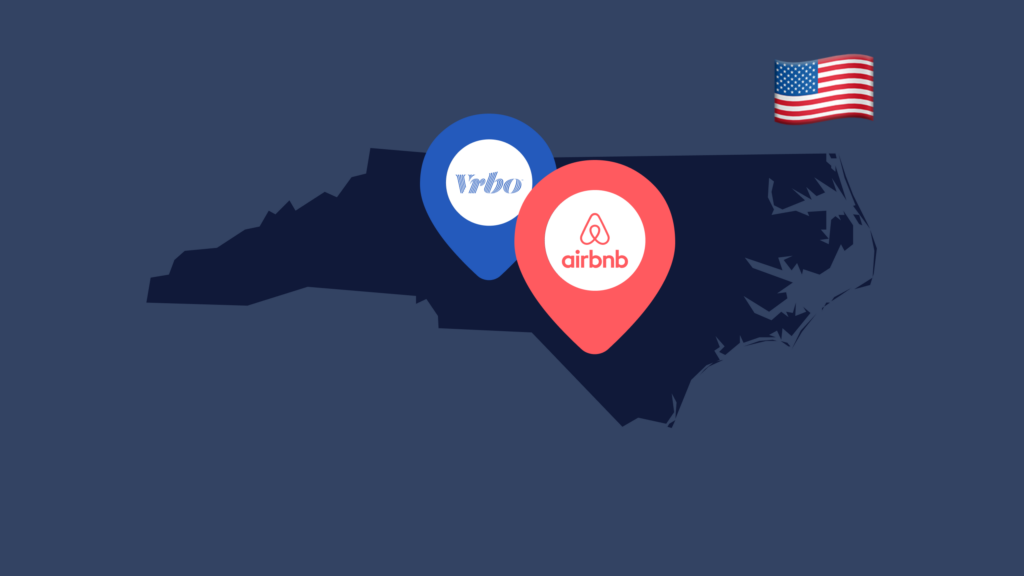 An outline of the state of North Carolina with VRBO and Airbnb location pins on it to show short-term rentals in the state.