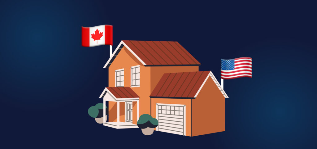 A one-car garage decorated with Canadian and American flags