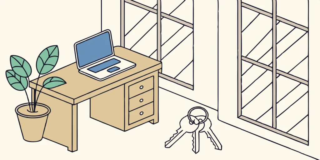 Rental application background check with laptop, keys, and plant.