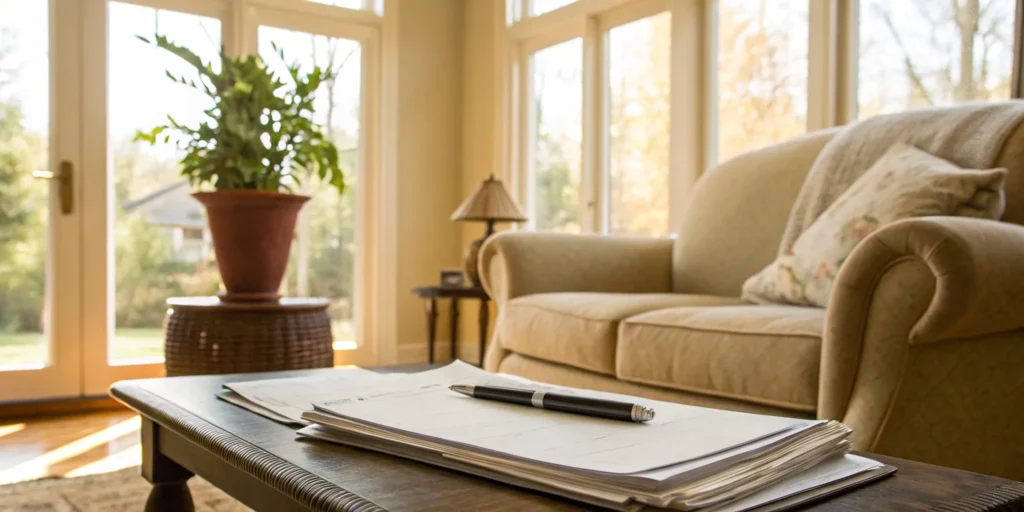 Tenant screening checklist and comfortable living room setting.