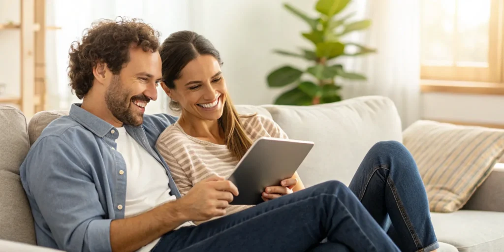Couple using tablet to find a rental guarantor.