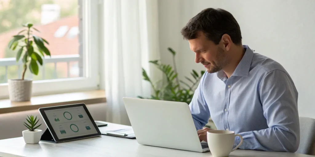 Renter reviewing background check on laptop.