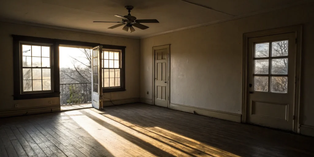 Abandoned tenant's property with open door and sunlit wooden floor.