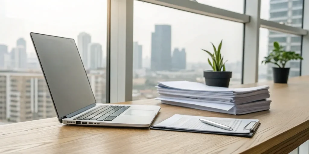 Landlord reviewing tenant background check on laptop.
