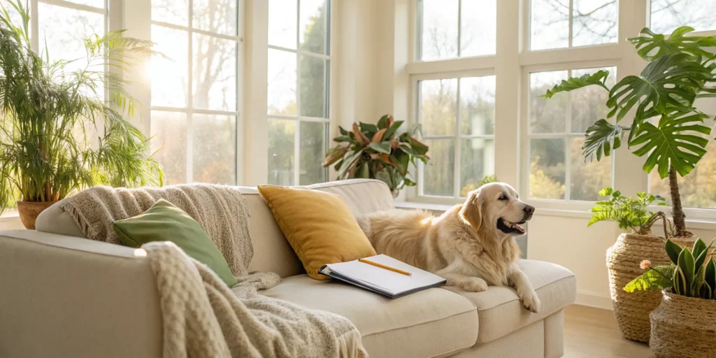 Tenant's dog relaxing in a bright living room.