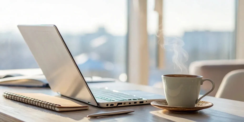 Tenant report checklist with laptop, notebook, and coffee.