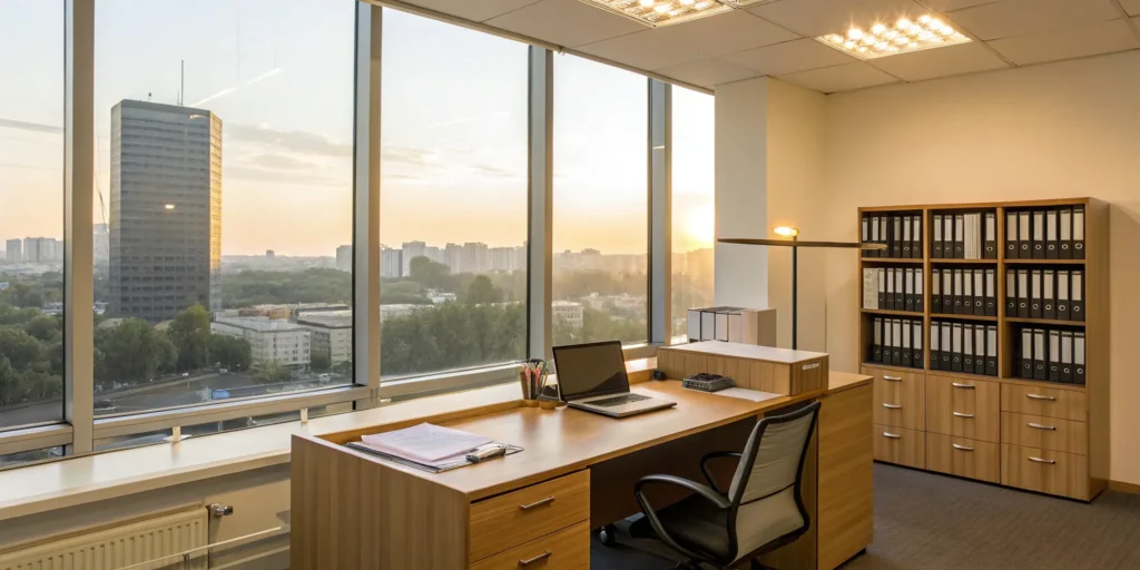 Property manager's desk with laptop and city view.