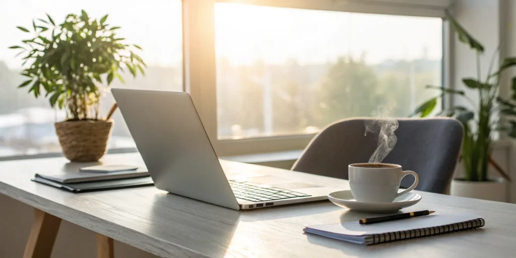 Rental application checklist with laptop, notebook, and pen.