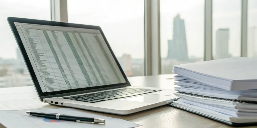 Rental applicant screening checklist on laptop with documents and pen.