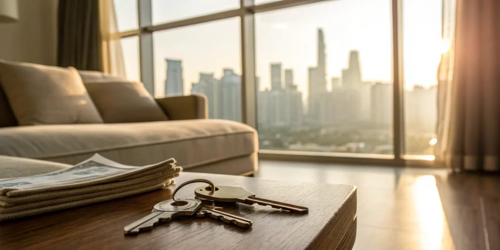 Rental guarantee: Keys on table with city view.