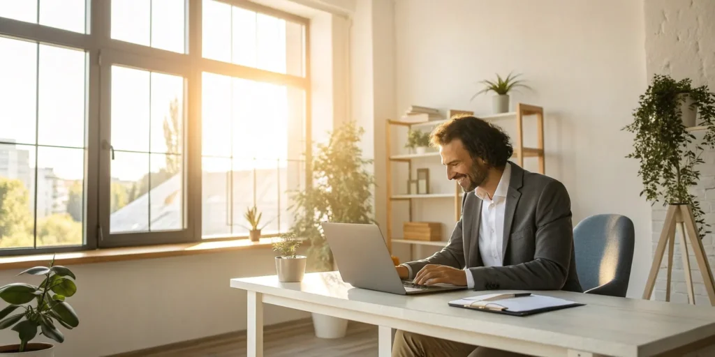 Landlord researches tenant screening services on laptop.