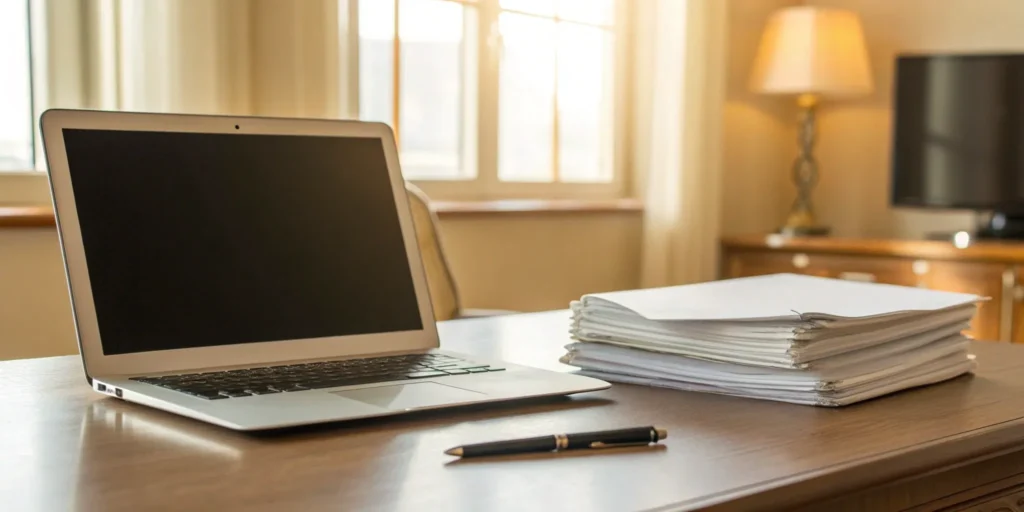 Tenant screening documents and pen on desk.