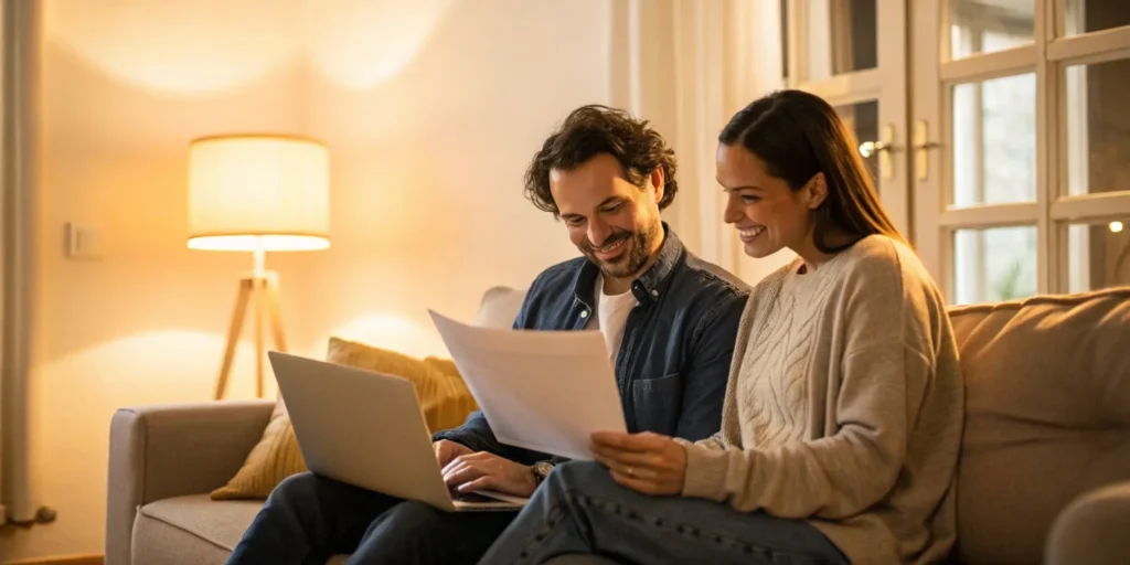Couple checks free rental history on laptop.