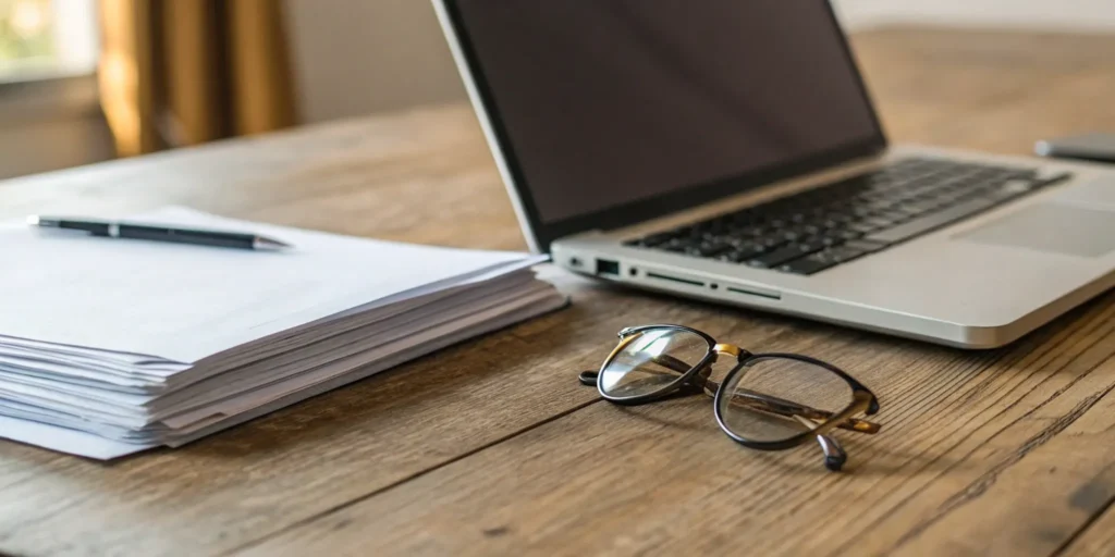 Rental application form, pen, and eyeglasses on desk.
