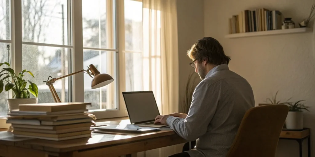 Landlord reviews tenant background check on laptop.